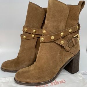 See by Chloe caramel suede booties w/ankle strap 9